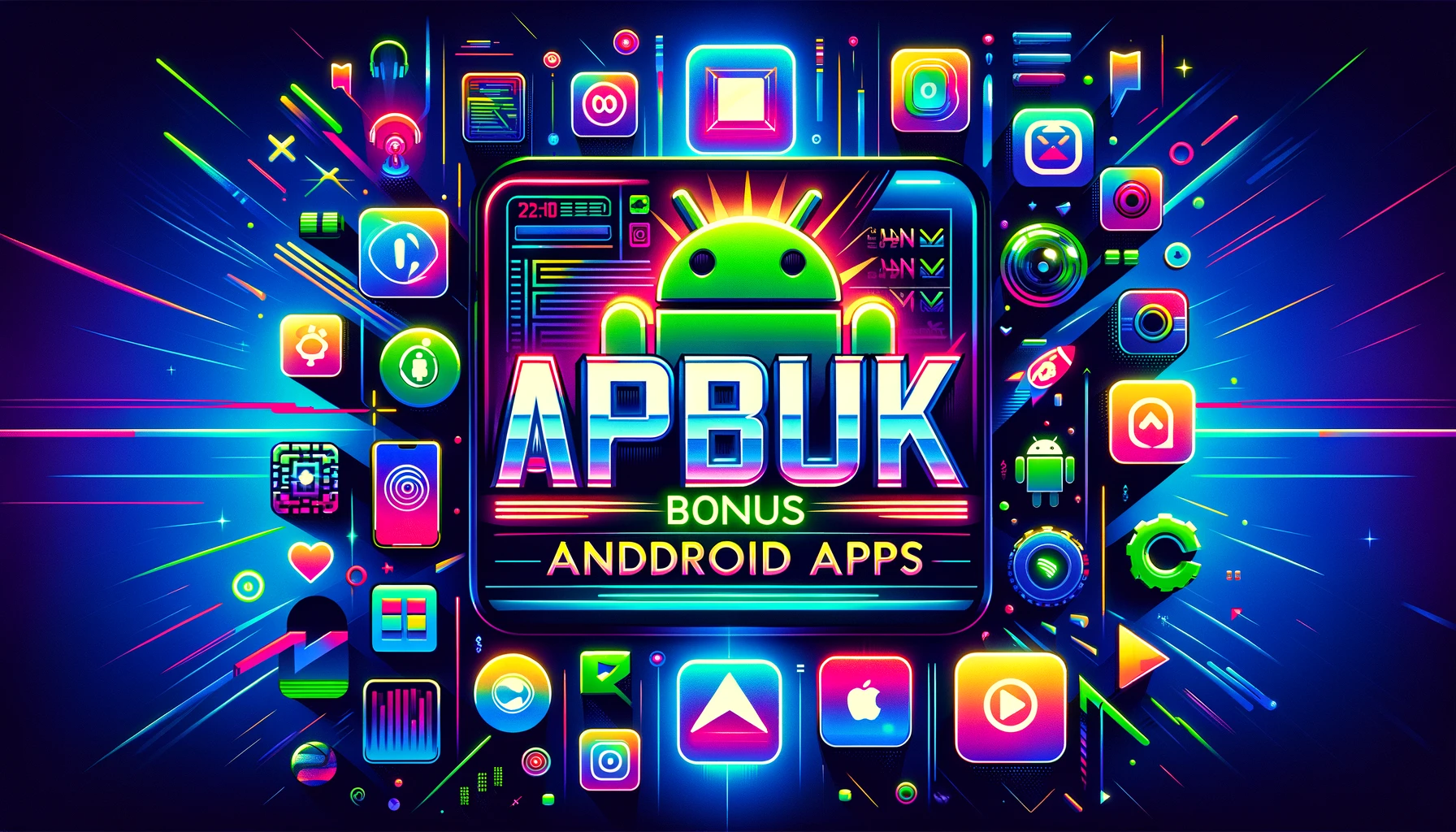 Digital Poster Featuring The Text 'APK Bonus Android Apps' Prominently Displayed In Bold, Futuristic Font. The Background Is A Vibrant Collage Of Ap